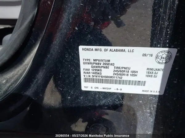 5FNYF6H50GB511742 2016 HONDA PILOT - Image 8