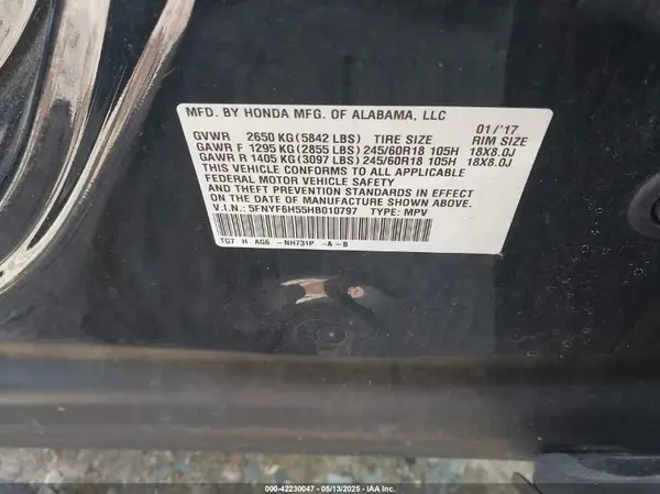 5FNYF6H55HB010797 2017 HONDA PILOT - Image 8