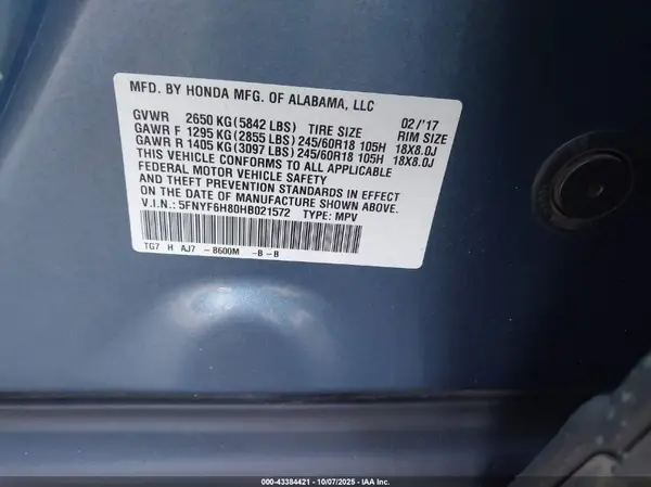 5FNYF6H80HB021572 2017 HONDA PILOT - Image 8
