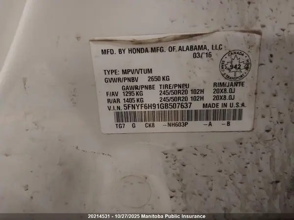 5FNYF6H91GB507637 2016 HONDA PILOT - Image 8