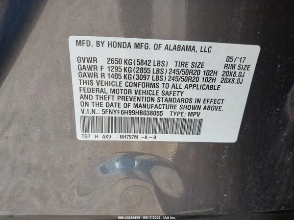 5FNYF6H99HB038055 2017 HONDA PILOT - Image 8