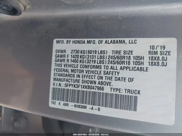 5FPYK3F1XKB047966 2019 HONDA RIDGELINE - Image 8