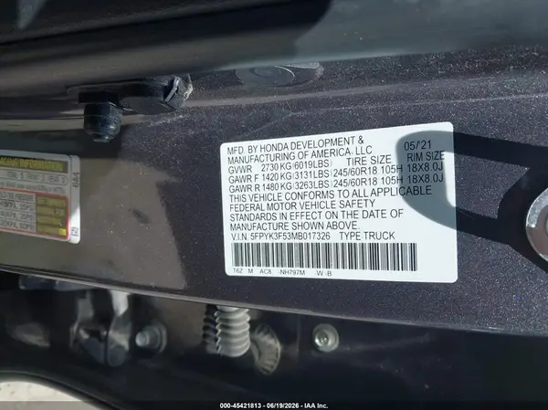 5FPYK3F53MB017326 2021 HONDA RIDGELINE - Image 8