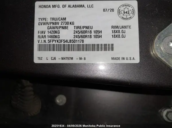 5FPYK3F54LB501178 2020 HONDA RIDGELINE - Image 8