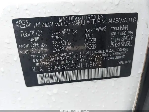 5NMS3CAD4LH231913 2020 HYUNDAI SANTA FE - Image 8