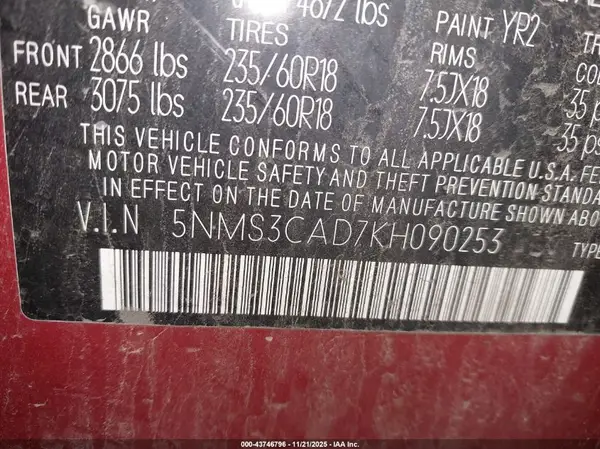 5NMS3CAD7KH090253 2019 HYUNDAI SANTA FE - Image 8