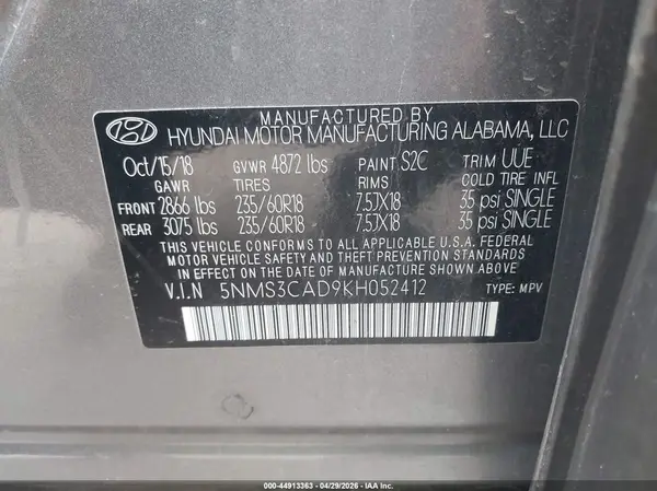 5NMS3CAD9KH052412 2019 HYUNDAI SANTA FE - Image 8