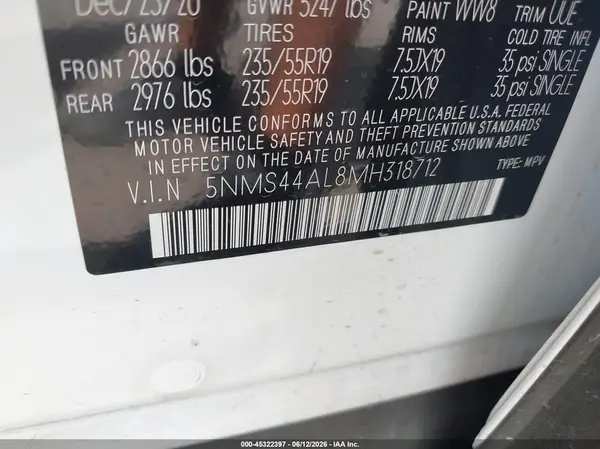 5NMS44AL8MH318712 2021 HYUNDAI SANTA FE - Image 8