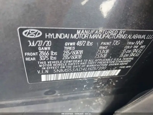 5NMS53AD4LH257390 2020 HYUNDAI SANTA FE - Image 8