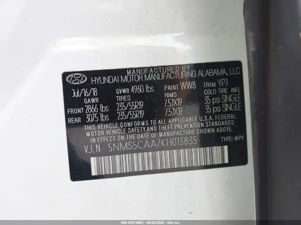5NMS5CAA7KH013835 2019 HYUNDAI SANTA FE - Image 8