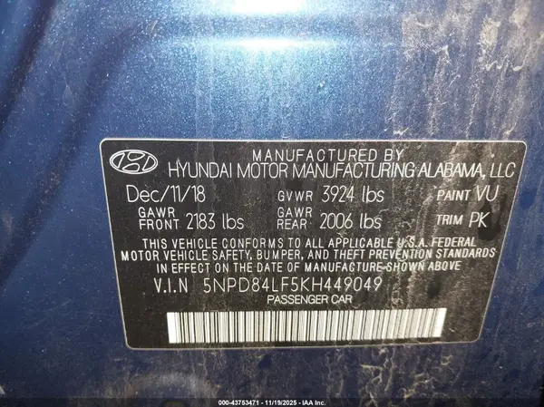 5NPD84LF5KH449049 2019 HYUNDAI ELANTRA - Image 8