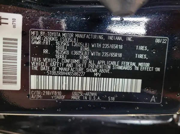 5TDBZRBH4NS586227 2022 TOYOTA HIGHLANDER - Image 8