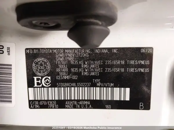 5TDGBRCH8LS502237 2020 TOYOTA HIGHLANDER - Image 8