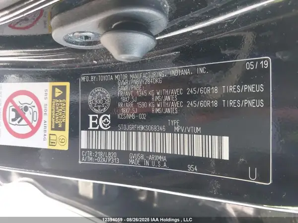 5TDJGRFH9KS068346 2019 TOYOTA HIGHLANDER - Image 8