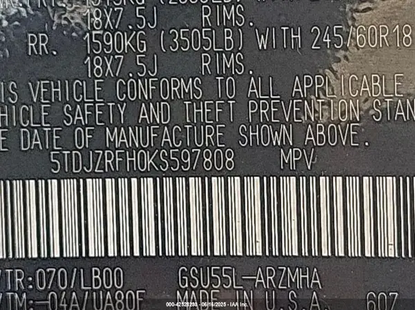 5TDJZRFH0KS597808 2019 TOYOTA HIGHLANDER - Image 8