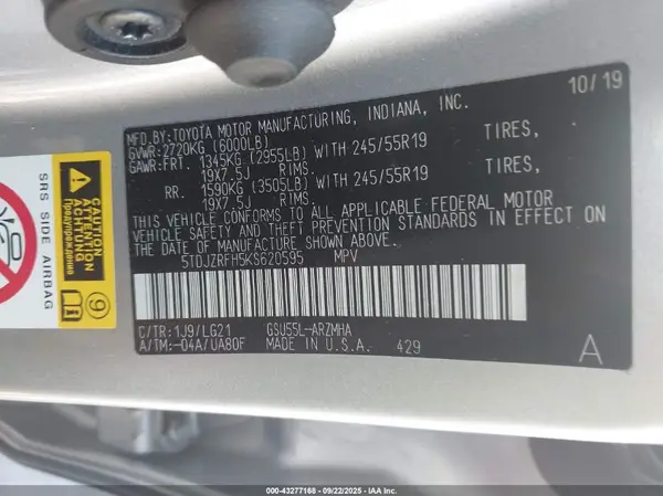5TDJZRFH5KS620595 2019 TOYOTA HIGHLANDER - Image 8