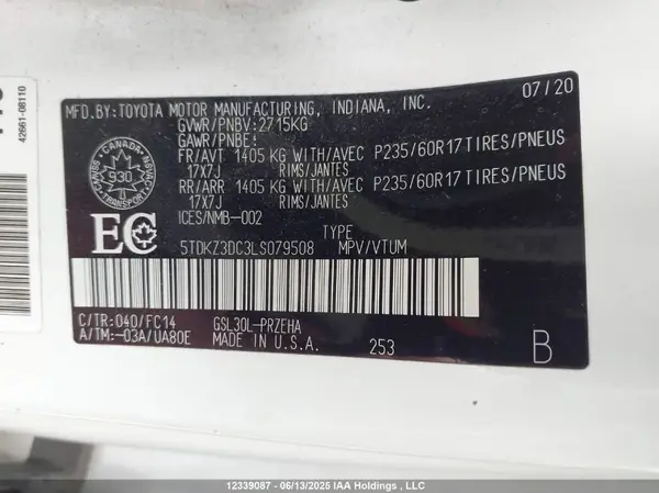 5TDKZ3DC3LS079508 2020 TOYOTA SIENNA - Image 8