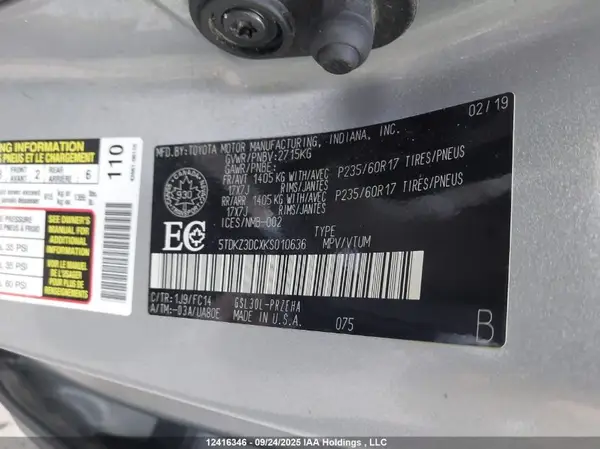 5TDKZ3DCXKS010636 2019 TOYOTA SIENNA - Image 8