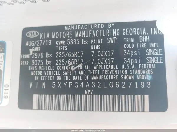 5XYPG4A32LG627193 2020 KIA SORENTO - Image 1