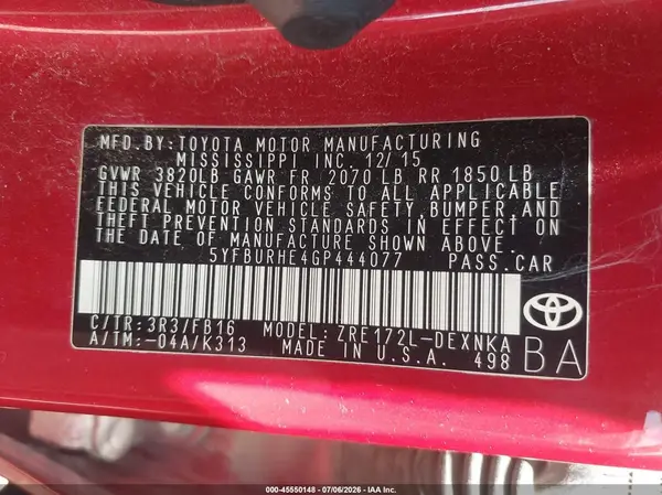 5YFBURHE4GP444077 2016 TOYOTA COROLLA - Image 8