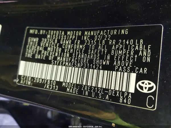 5YFEPMAE5NP311424 2022 TOYOTA COROLLA - Image 8