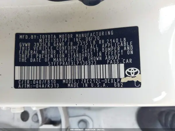 5YFEPRAEXLP136923 2020 TOYOTA COROLLA - Image 8