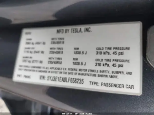 5YJ3E1EA0LF658235 2020 TESLA MODEL 3 - Image 8