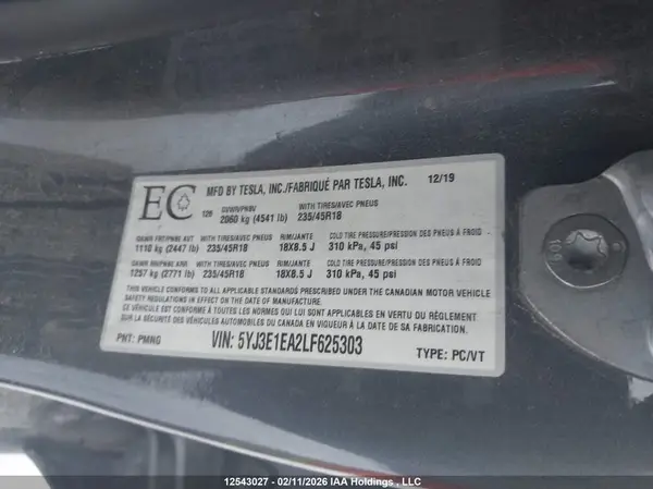 5YJ3E1EA2LF625303 2020 TESLA MODEL 3 - Image 8