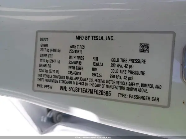 5YJ3E1EA2MF020585 2021 TESLA MODEL 3 - Image 8