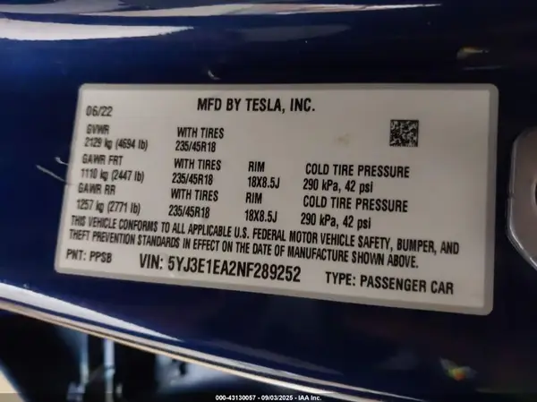 5YJ3E1EA2NF289252 2022 TESLA MODEL 3 - Image 8
