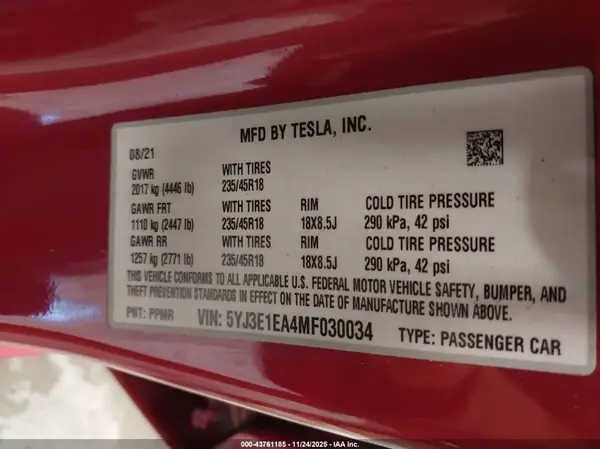 5YJ3E1EA4MF030034 2021 TESLA MODEL 3 - Image 8