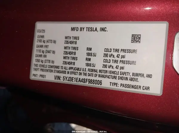 5YJ3E1EA4SF988006 2025 TESLA MODEL 3 - Image 8