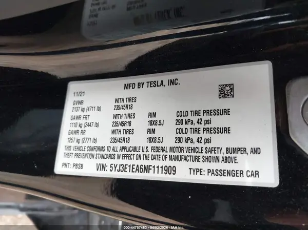 5YJ3E1EA6NF111909 2022 TESLA MODEL 3 - Image 8