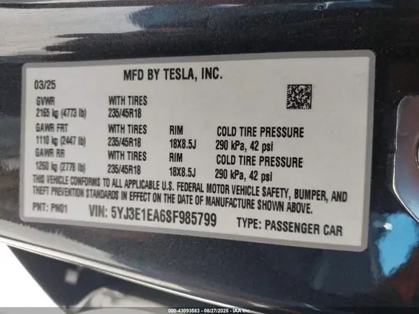 5YJ3E1EA6SF985799 2025 TESLA MODEL 3 - Image 8