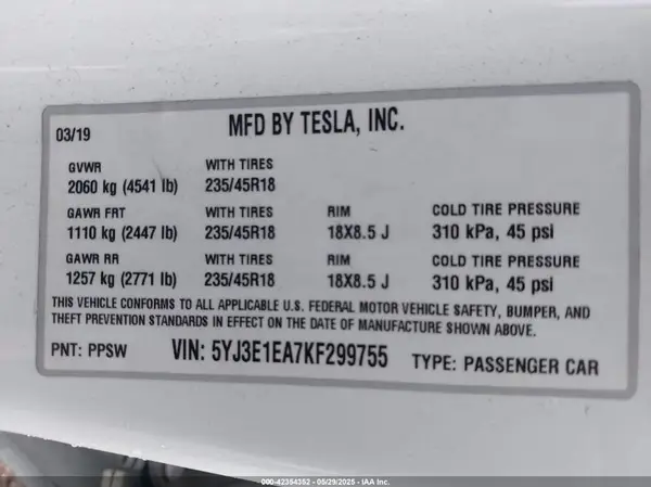5YJ3E1EA7KF299755 2019 TESLA MODEL 3 - Image 8