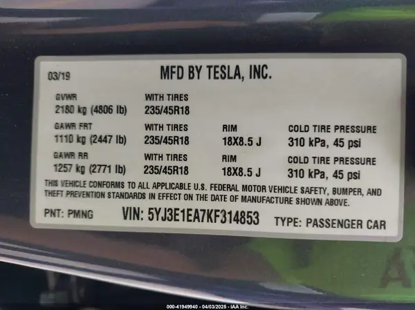 5YJ3E1EA7KF314853 2019 TESLA MODEL 3 - Image 8