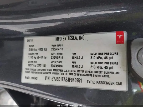 5YJ3E1EA8JF040951 2018 TESLA MODEL 3 - Image 8