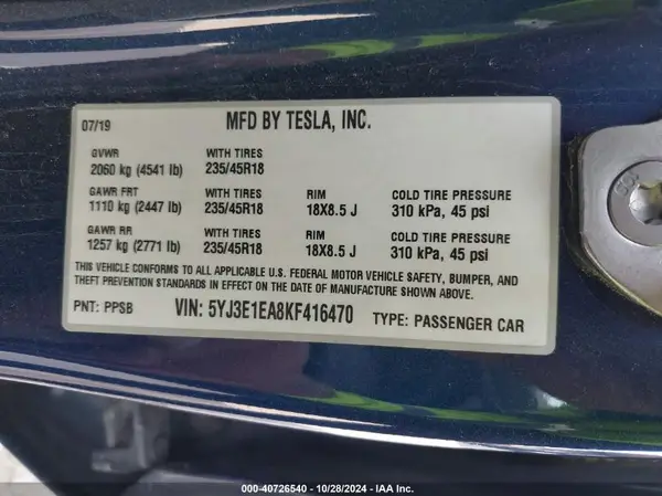 5YJ3E1EA8KF416470 2019 TESLA MODEL 3 - Image 8