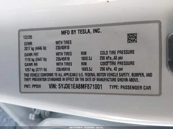 5YJ3E1EA8MF871001 2021 TESLA MODEL 3 - Image 8