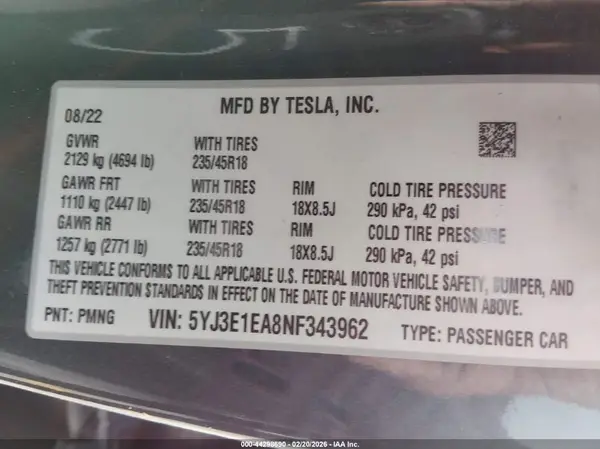 5YJ3E1EA8NF343962 2022 TESLA MODEL 3 - Image 8