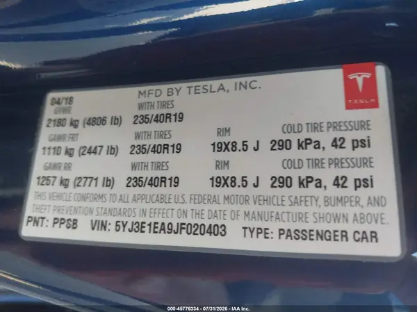 5YJ3E1EA9JF020403 2018 TESLA MODEL 3 - Image 8