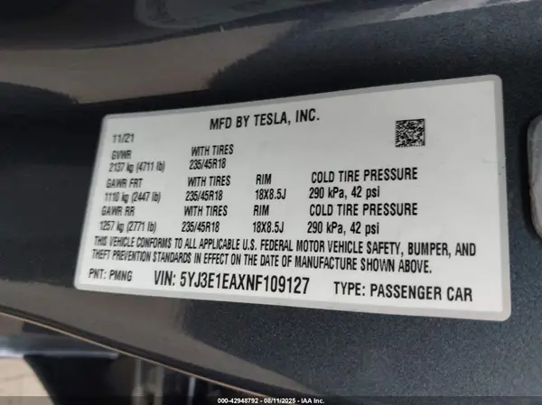 5YJ3E1EAXNF109127 2022 TESLA MODEL 3 - Image 8