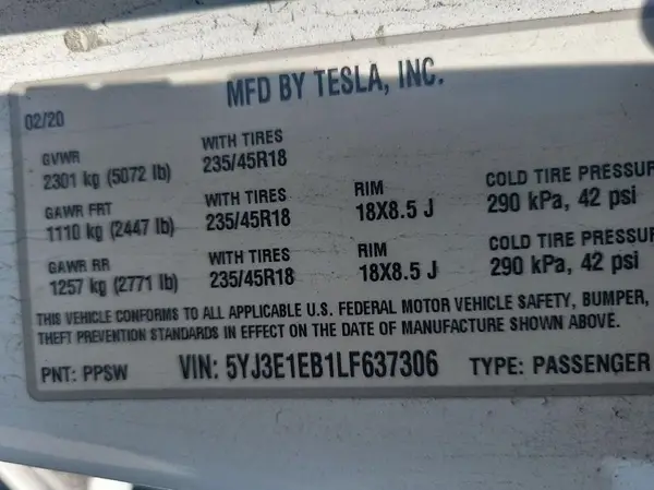 5YJ3E1EB1LF637306 2020 TESLA MODEL 3 - Image 8