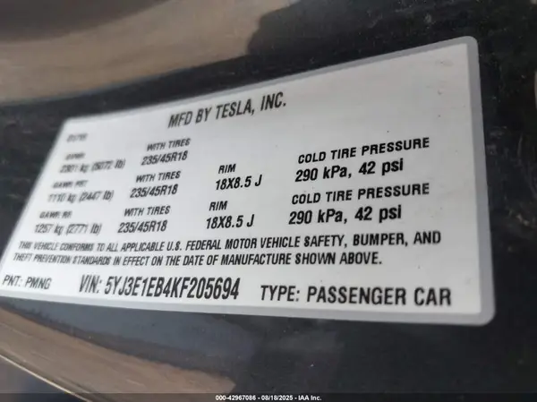 5YJ3E1EB4KF205694 2019 TESLA MODEL 3 - Image 8