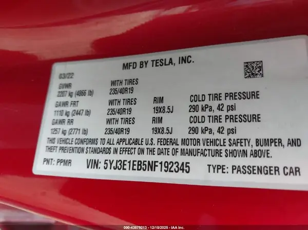 5YJ3E1EB5NF192345 2022 TESLA MODEL 3 - Image 8