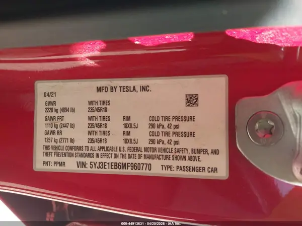 5YJ3E1EB6MF960770 2021 TESLA MODEL 3 - Image 8