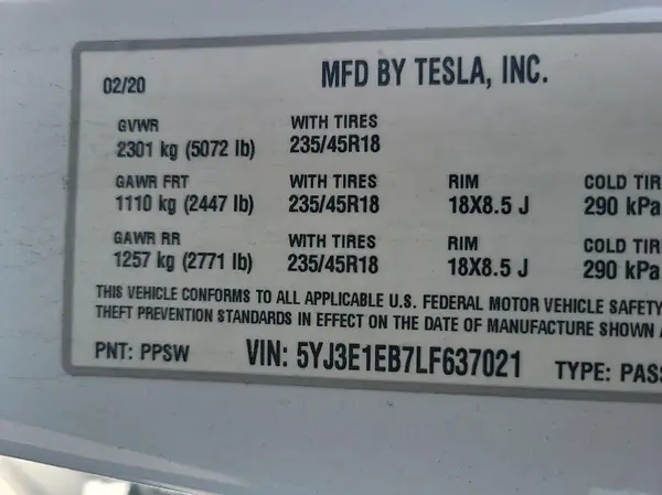 5YJ3E1EB7LF637021 2020 TESLA MODEL 3 - Image 8