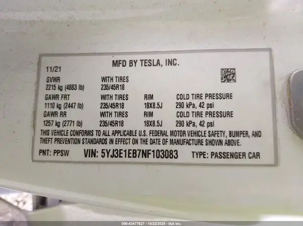 5YJ3E1EB7NF103083 2022 TESLA MODEL 3 - Image 8