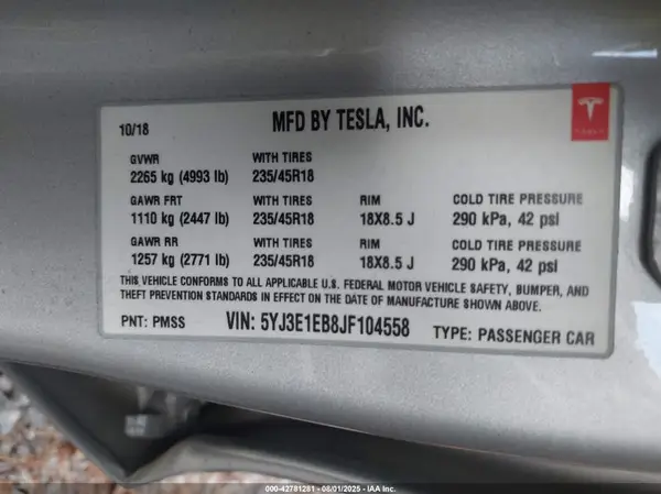 5YJ3E1EB8JF104558 2018 TESLA MODEL 3 - Image 8