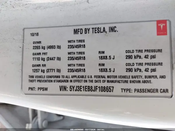 5YJ3E1EB8JF108657 2018 TESLA MODEL 3 - Image 8